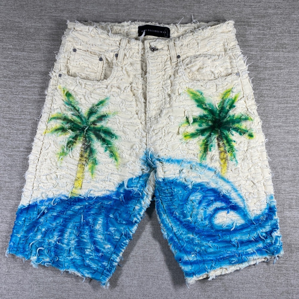 Who Decides War MRDR BRVDO Distressed Palm Tree Shorts Men 30 Cream Blue Graphic